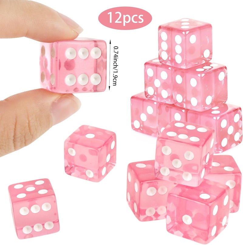 Abilat 12 Pieces 19mm Casino Dice Set Translucent 6 Sided Game Dices Square Corner Acrylic Dice for Casino Vegas Theme Birthday Party Supplies Board Games Classroom Teaching (Pink) - Image 2